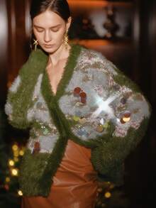 Anewsta Áo khoác cardigan dáng rộng cổ chữ V màu xanh lá cây, tay dài, thiết kế khối màu cổ điển dành cho nữ, có đính sequin nhiều màu sắc, phù hợp với phong cách Giáng sinh & Halloween thanh lịch - Nhiều màu - Xem 4