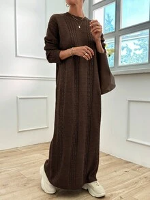 EURMUSE Abito a maglia a costine tinta unita da donna, stile casual e minimalista per l'autunno/inverno - Castano - Visualizzare 9