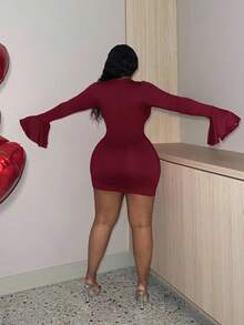Veslaya Slayr Plus Size Sexy Red Hollow Out Bodycon Dress With Flare Sleeves, Revealing Chest Design/Christmas - Burgundy - View 2