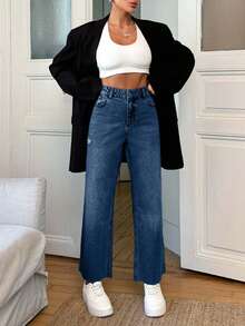 EURMUSE 100 Cotton Mid Waist Frayed Hem Wide Leg Jean Holiday Navy Blue Autumn Streetwear - Medium Wash - View 6