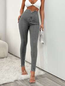 EURMUSE 97%纯棉女式高腰修身开衩牛仔裤 - 灰色 - 查看 3