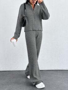EURMUSE 落肩拉鍊開襟針織外套與針織長褲套裝，小碼女款 - 深灰色 - 查看 4