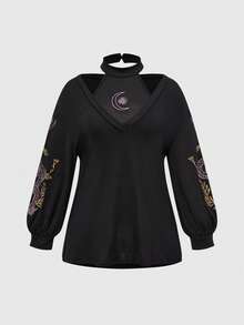 ROMWE Goth Conjunto de 2 piezas de talla grande para mujer, con estampado de piel de serpiente y bordado floral, que incluye camiseta de tirantes + parte superior exterior - Negro - Ver 1
