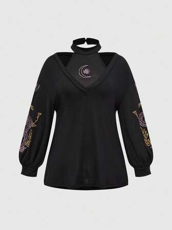 Gothic Snake Skin Floral Embroidery Plus Size Women 2 Pieces Set, Camisole + Outerwear Top