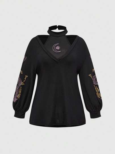 Goth مجموعة قطعتين للمرأة ذات المقاس الكبير، تتكون من ملابس علوية كامي وقطعة خارجية مطرزة بنقشة جلد الثعبان والزهور بطراز جوثي