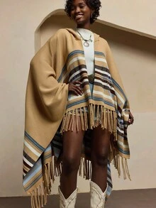 Bóhologie BOHOLOGIE 超大版型多色条纹拼色连帽流苏细节下摆斗篷 冬季、女士开衫、开衫、秋季、女士秋季服装、开衫、秋季服装 - 彩色 - 查看 4