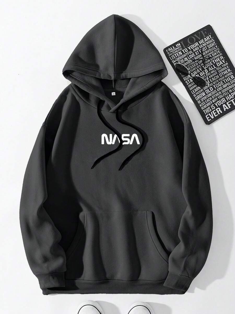 EURMUSE Áo hoodie dài tay thường ngày có mũ trùm đầu in chữ cho nam - màu đen - Xem 1