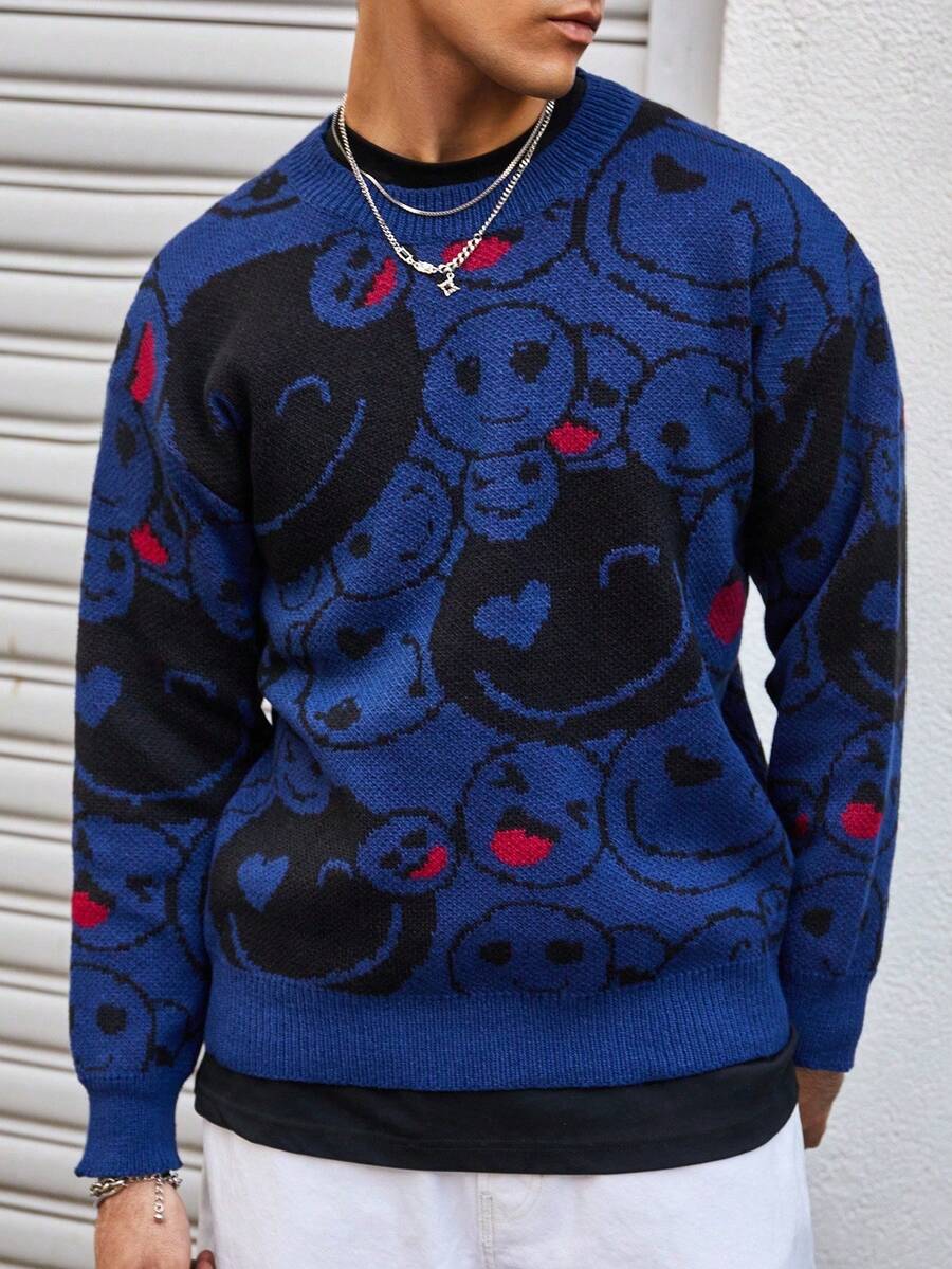 Manfinity Roghcode 男士卡通古怪表情圆领毛衣，街头时尚男士毛衣，适合秋冬通勤、工作和家居穿着，是送给男朋友的绝佳礼物，适合秋季 - 藍色 - 查看 1