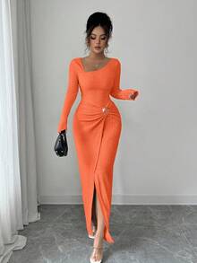 Elenzga 女士纯色时尚扭结长裙，不对称领口针织纹理紧身包臀裙，扭结开衩设计，优雅女士服装，秋季女装，冬季女士端庄服饰 - 亮橙色 - 查看 7
