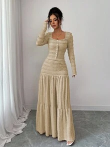 Elenzga 女式粉色纹理面料休闲度假风格长袖方领纽扣上衣和超长 A 字裙两件套，秋季 - 卡其色 - 查看 3