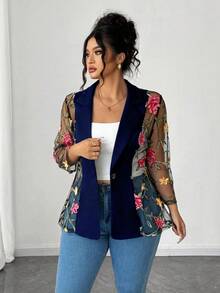 Elenzga Plus Size Women Colorful Floral Embroidered Long Sleeve Top - Navy Blue - View 4