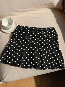Solflare Plus Size Polka Dot Casual Skirt, Suitable For School And Outings - Black and White - View 7