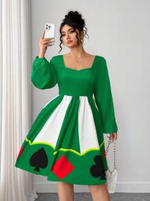 Elenzga Christmas Kooky Elegance Collection (Woe Is Me Vibes)(Wednesday Aesthetic) Halloween Dark Spade Heart Print Waist Fit And Flare Dress - Green - View 3