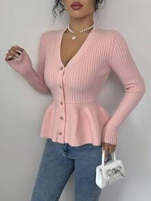 Elenzga V-Neck Slimming Patchwork Floral Hem Asymmetric Button Women Cardigan - Pink - View 3