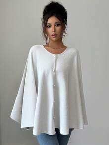 Elenzga Women's New Autumn/Winter Fashion Elegant One-Shoulder Round Neck Elastic Tweed Faux Fur Shawl Collar Asymmetrical Hem Batwing Loose Casual Cloak Poncho Coat - Multicolor - View 2