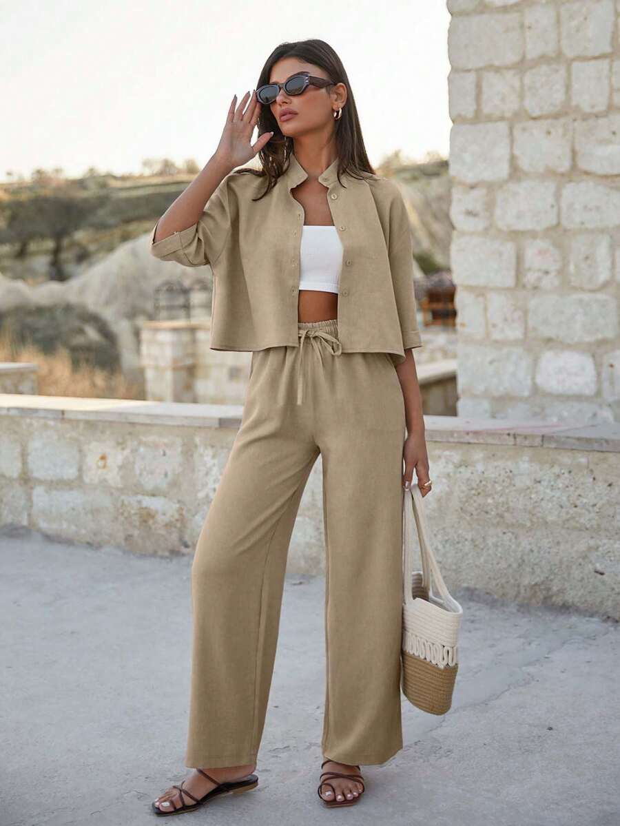 EURMUSE Bộ áo crop top và quần cạp cao cho nữ - Màu be - Xem 1