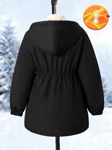 SHEIN 女童秋冬派克大衣，长款连帽风衣，大口袋，腰部抽绳，休闲通勤外套