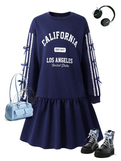 Girls Letter Print Bowknot Cuff Sweatshirt Dress, Suitable For Spring And Autumn