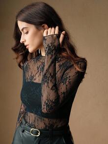 Anewsta 女士蕾丝透视拇指孔优雅衬衫，适合节日派对装 - 藏蓝色 - 查看 3