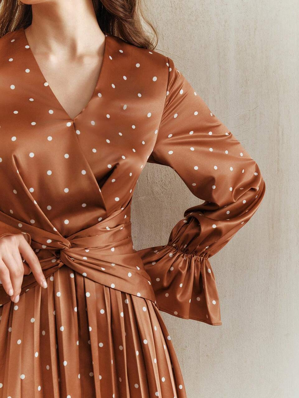 Anewsta Brown And White Polka Dot 1960s Vintage Elegant Twist Long Fashionable Dress,Suitable For Autumn,Winter,Spring,New Year,Party,Wedding,Date,Christmas