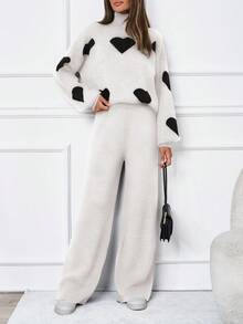 SHEIN Tall 2pcs/Set Casual Heart Pattern High Neck Sweater - Apricot - View 3