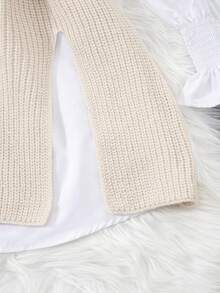 INAWLY 2pcs/Set Spring Lantern Sleeve White Blouse & Loose Fitting Open Front Cardigan For Women Fall Winter Cloth For Women - Apricot - View 5