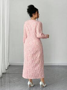 Elenzga Plus Size Women Elegant Jacquard Textured Round Neck Puff Sleeve Button Decor Fitted Front Slit Dress - Pink - View 2