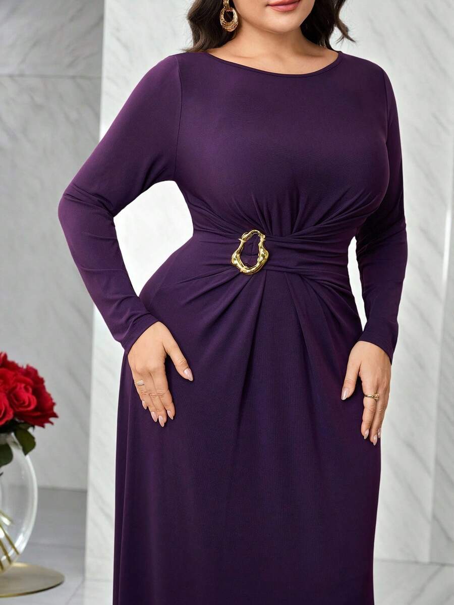 Modelyn Đầm suông tay dài cổ tròn màu trơn cỡ lớn cho nữ, eo kim loại, trang trí xếp nếp thanh lịch - Màu tím - Xem 1