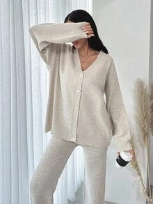 EURMUSE Drop Shoulder Cardigan & Knit Pants - Beige - View 5