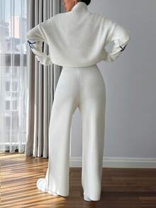 EURMUSE Women 3d Floral Embroidery Sweater Co-Ord Set - White - View 2