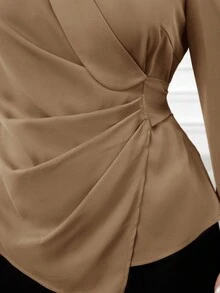 Modelyn Plus Size Solid Color Minimalist V-Neck Long Sleeve Shirt, Casual Everyday Wear - Khaki - View 3