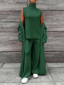 EURMUSE Women's Solid Color Collarless Sleeveless Basic Top, Long Sleeve Maxi Jacket And Long Pants Set - Green - View 5