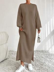 EURMUSE 1pc Drop Shoulder Sweater Dress, Casual Solid Color For Autumn/Winter Daily Wear - Camel - View 4