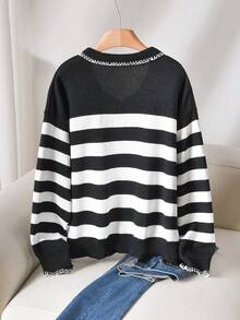 CosyJoli Suéter de punto minimalista con cuello vuelto, bloque de color y rayas en blanco y negro, de estilo francés elegante y casual, para mujeres de talla grande, ropa de otoño e invierno para mujeres