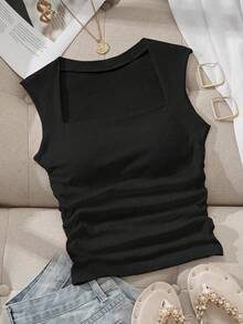 Comfortcana Black Square Neck Ruched Padded Bralette For Summer Travel & Vacation Back To School, Built-In Bra - Multicolor - View 4