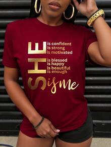 INAWLY Ladies' T-Shirt With Combined English Letter And Graphic Print For New Year Clothes Graphic Tees Women Tops - Burgundy - View 3