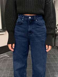 Quần jean ống đứng dáng rộng thoải mái 100% cotton dành cho nữ - Rửa tối - Xem 4