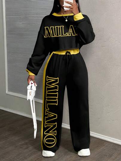 Slaydiva 女士休闲街头风格撞色黑黄米兰字母宽松运动两件套，适合秋冬时尚街头服饰