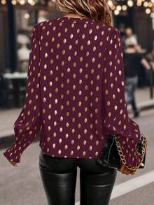 EMERY ROSE Women's Casual Dot Print Notched Neck Blouse, Autumn - Red Violet - View 2