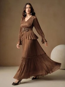 Anewsta 女式花卉装饰长款褶皱连衣裙，优雅礼服 - 咖啡棕 - 查看 5