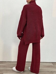 EURMUSE 2 件套女士休闲日常宽松拉链开衫和裤子套装，秋冬 - 酒紅色 - 查看 6