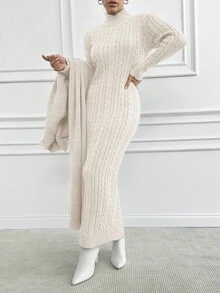 EURMUSE Women 2pcs Set Consisting Of Solid Color Long Sleeve Cardigan And Sleeveless Stand Collar Maxi Sweater Dress, Elegant For Autumn/Winter - White - View 5
