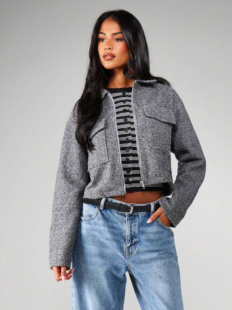 MISSGUIDED Heathered Cropped Utility Jacket With Zip Closure And Chest Pockets For Fall Winter