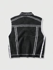 ROMWE MEN Prep Men's Street Fashion Casual Printed Button Knit Vest - Black - View 2