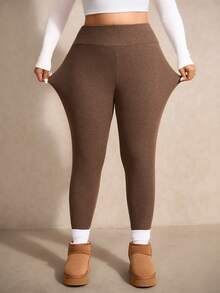 Elaquor Plus Size Women Brown Casual Solid Color Elastic Knit Leggings, Brown Pants For Women, Versatile All-Match Pants For Autumn/Winter - Apricot - View 5