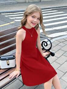 SHEIN Serisse Kids 青少年女孩休闲纯红色中式领无袖腰喇叭裙 - 紅色 - 查看 6