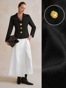 SHEIN LUNE 女士新款秋冬优雅派对外套，精致办公室高级时尚黑玫瑰金纽扣厚衬垫肩女士夹克 - 黑色 - 查看 1