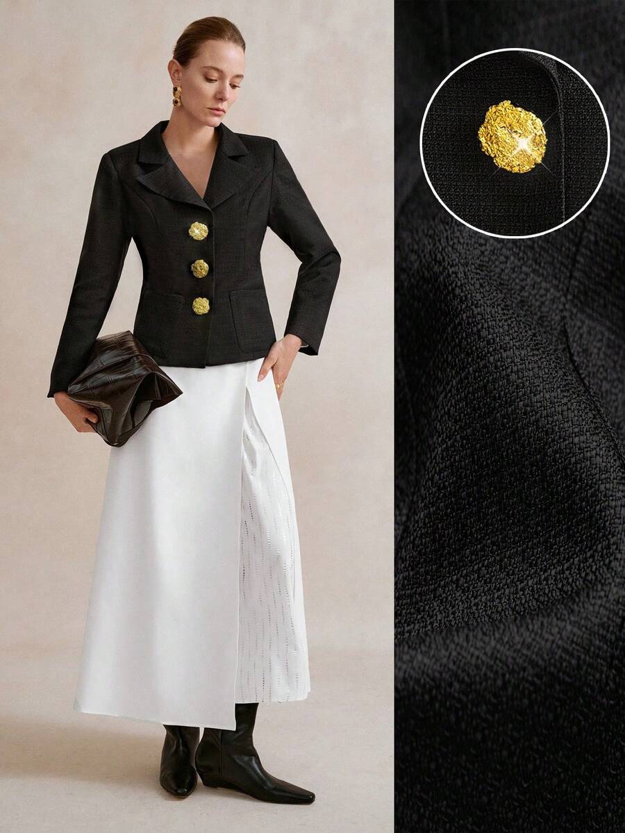 SHEIN LUNE 女士新款秋冬优雅派对外套，精致办公室高级时尚黑玫瑰金纽扣厚衬垫肩女士夹克 - 黑色 - 查看 1