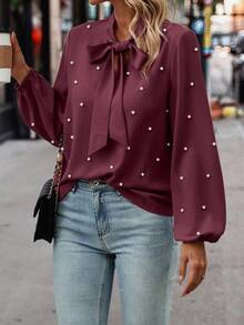 EMERY ROSE Women's Solid Color Lantern Sleeve Tie Neck Faux Pearl Decor Elegant Blouse, Christmas