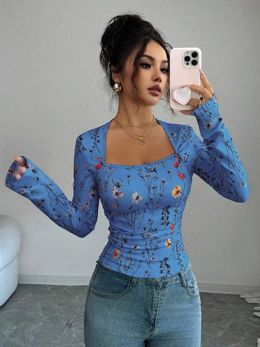 Elenzga 女士优雅 U 领花卉印花褶皱腰长袖 T 恤上衣，适合女性日常生活、派对、通勤、秋冬季 - 藍色 - 查看 1